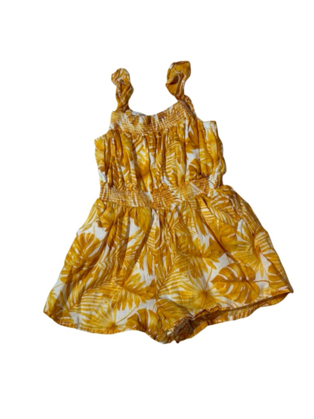 Janie & Jack Girls 4 Tropical Leaf Print Smocked Romper Yellow White Cotton